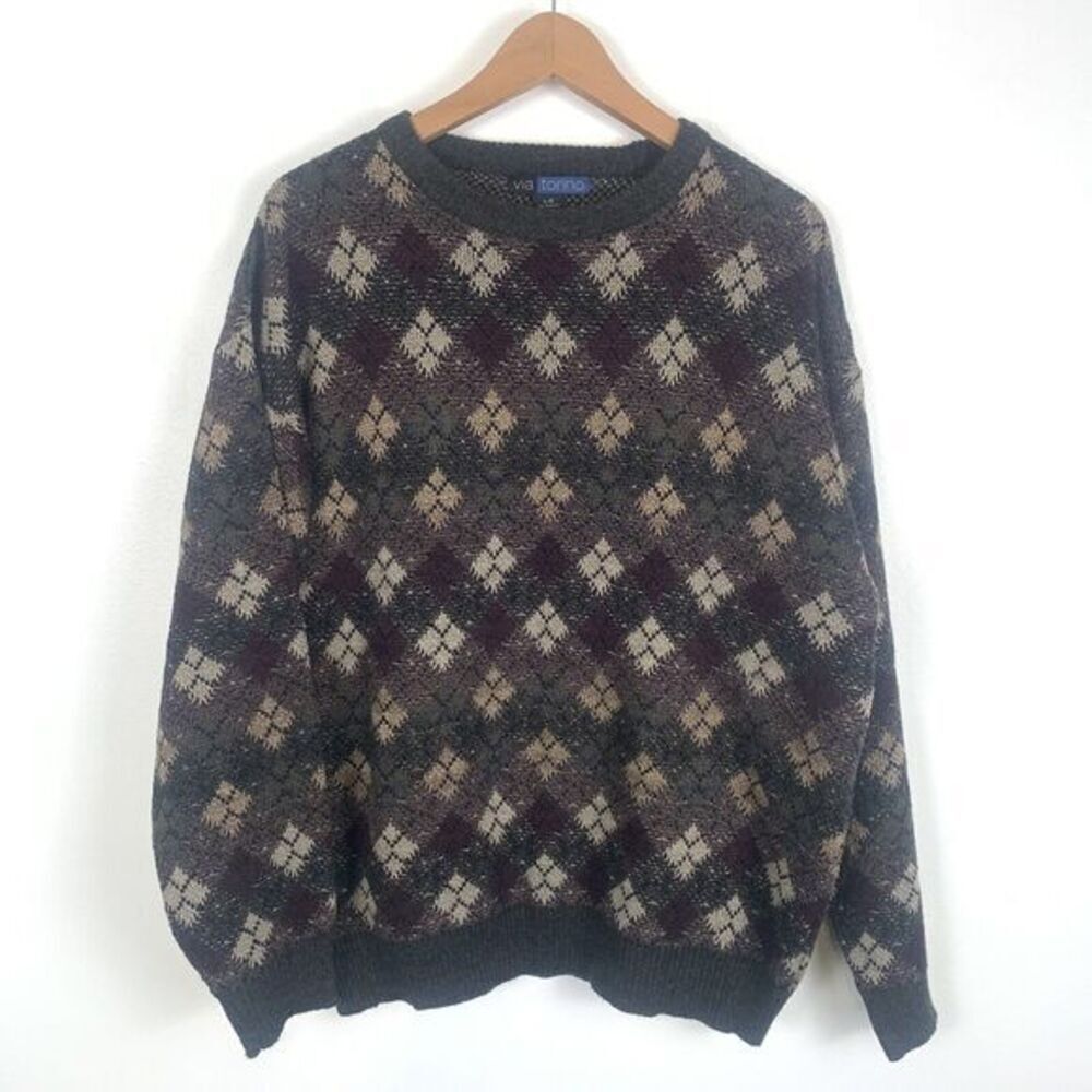 VTG 1990s 90s Via Torino Geometric Sweater Grandpacore Diamond Mens Large